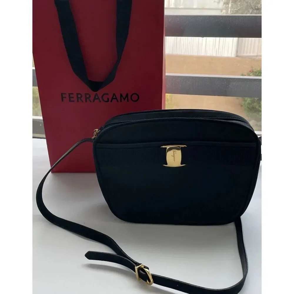SALVATORE FERRAGAMO Vara Shoulder Crossbody Bag Suede Leather Black
